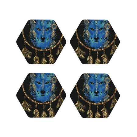 

Lukts Wolf Head And Dreamcatcher Print Leather Drinks Coasters Set of 4 Suitable or Drinks Furniture Protection and Easy Clean up-Hexagon