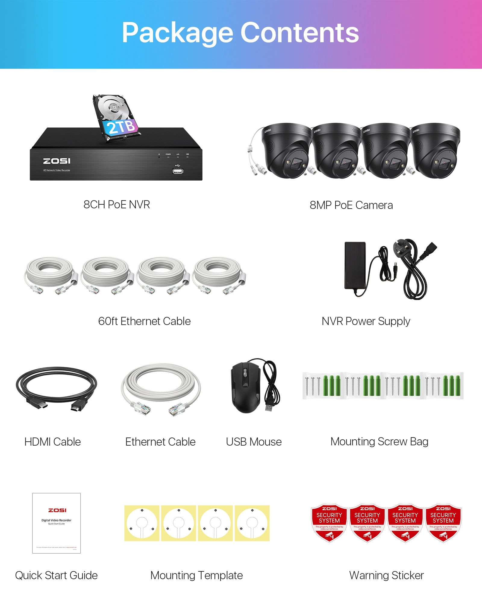 4K POE Security Camera System with Color Night Vision, ZOSI 4PCS 4K Spotlight Wired Security Cameras, AI Person Vehicle Detection,8 Ports 16CH 8MP NVR with 2TB HDD for 24/7 Recording