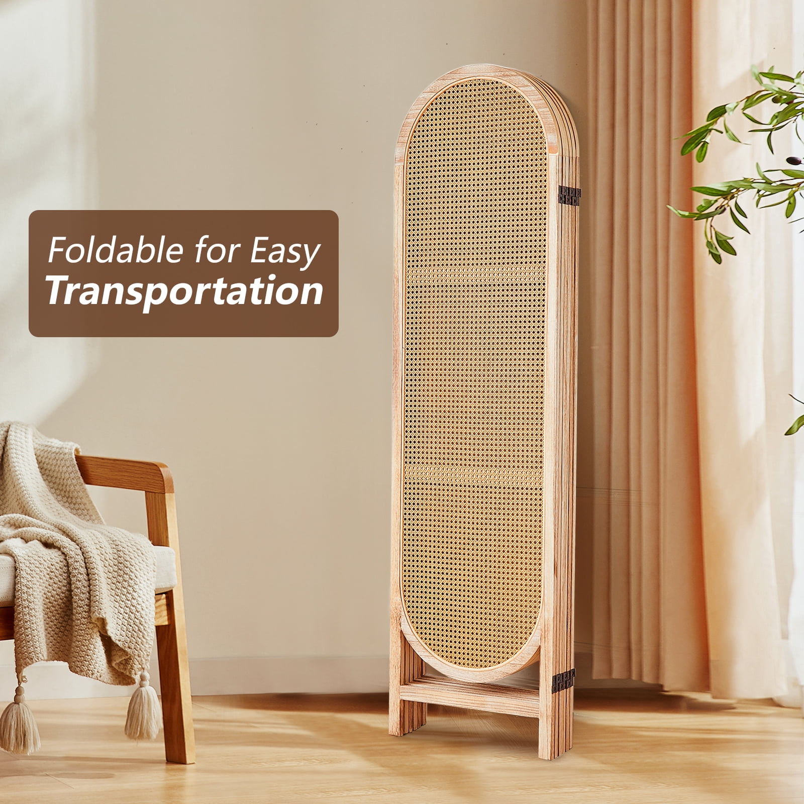 ALeesing 6 Panels Wood Rattan Room Divider, Folding Privacy Screens, No Installation, Light Brown
