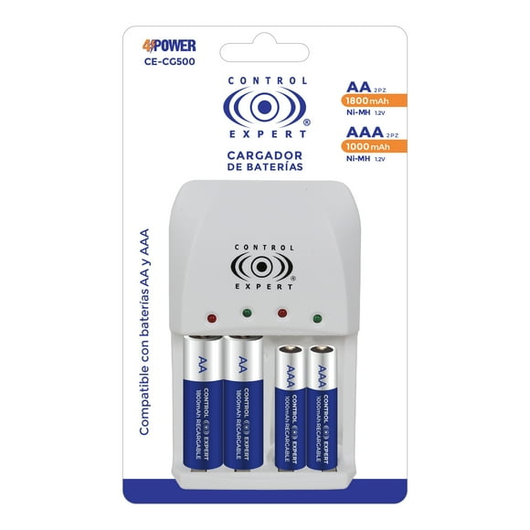 Cargador de Pilas AA y AAA CONTROL EXPERT Incluye 2 Pilas AA