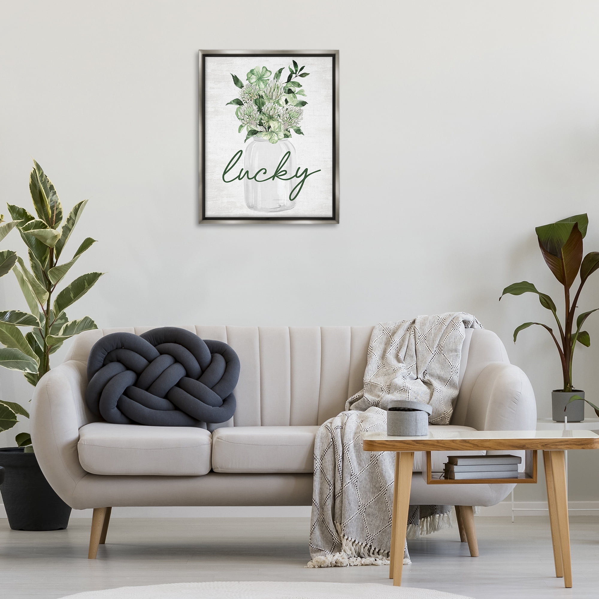 Stupell Industries Lucky Spring Shamrocks Botanical & Floral Painting Gray Floater Framed Canvas Art Print Wall Art, 25 x 31