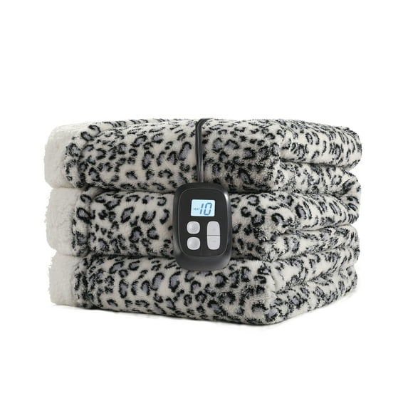 SUNNY HEAT Heated Electric Blanket Full Size 72'' x 84'' 6 Heating Levels & 1-10 Hours Auto Off, Leopard Blue & White