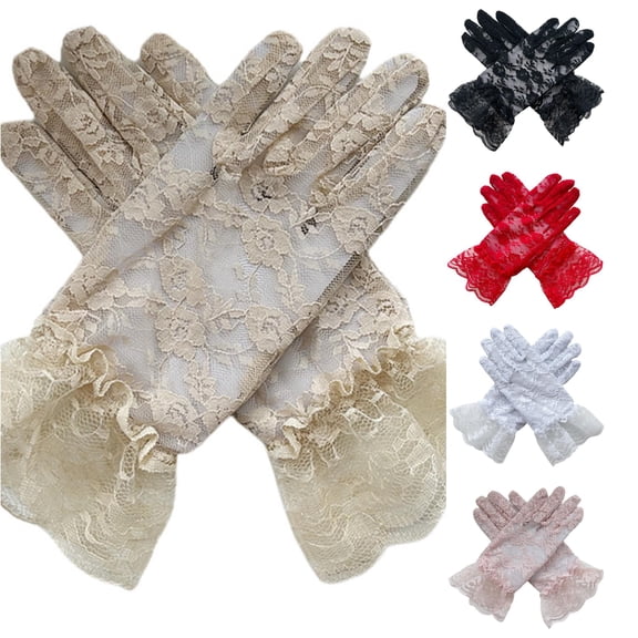 HNMKIU Elegant White Lace Gloves for Girls Tea Party Formal Wedding Halloween Children Ages 7-12 Kids Mittens Accessory Beige - 21*8cm