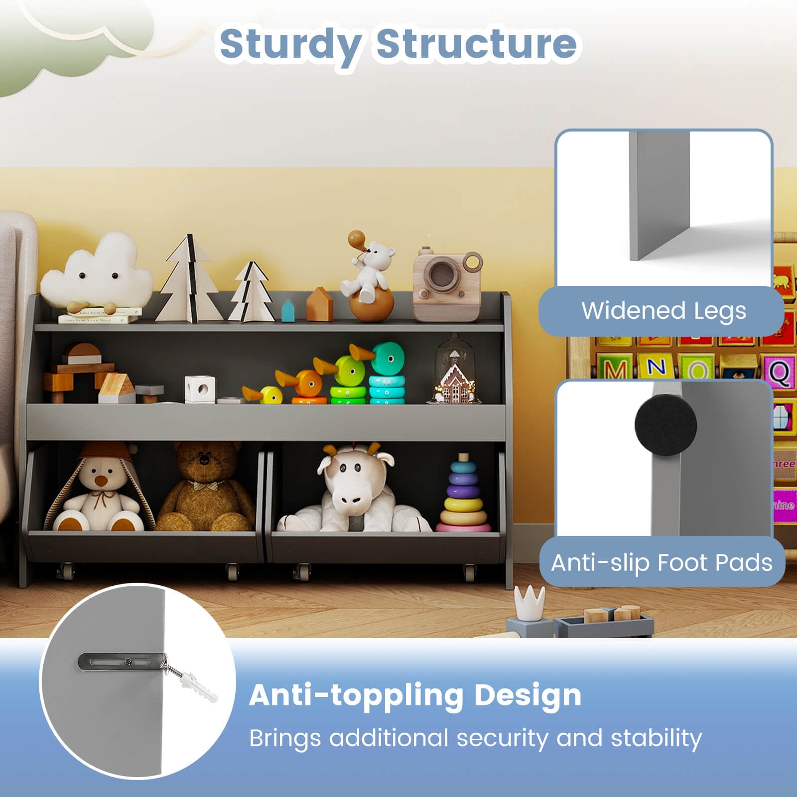 Costway Kids Toy Storage Organizer with 2 Movable Drawers Open Shelf Compartment for Kids Gray