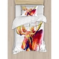 thumbnail image 3 of Moose Duvet Cover Set, Psychedelic Watercolor Paintbrush Style Vivid Toned Moose Aquarelle Picture, Decorative 3 Piece Bedding Set with 2 Pillow Shams, King Size, Orange and Pink, by Ambesonne, 3 of 3