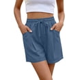 thumbnail image 4 of 100% Cotton Shorts for Women Summer Casual Solid Color Elastic Waist Drawstring Wide Leg Baggy Workout Gym Shorts with Pockets Blue S-2XL, 4 of 8