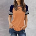 thumbnail image 2 of Women T Shirts Casual Striped Short Sleeve Summer Soft Cotton Tops Loose Fit Patchwork Color Stretch Tunic Tops Lightweight Comfy Ladies Crew Neck Tees Blouse Tops, 2 of 4