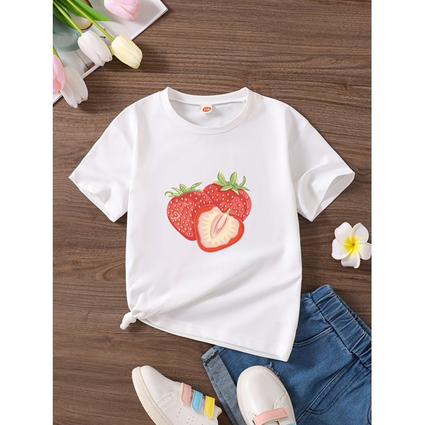 Girls' Summer Strawberry Print Casual T-Shirt - Breathable, Soft Polyester, Short Sleeve, Round Neck, Loose Fit Knit Top for Youngsters, Strawberry Shirt