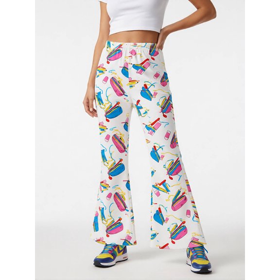 Girls Flared Pants, Wide Leg Bell Bottom Trousers, Casual Digital Print Slim Fit Jeans for Kids, Ages 4-13
