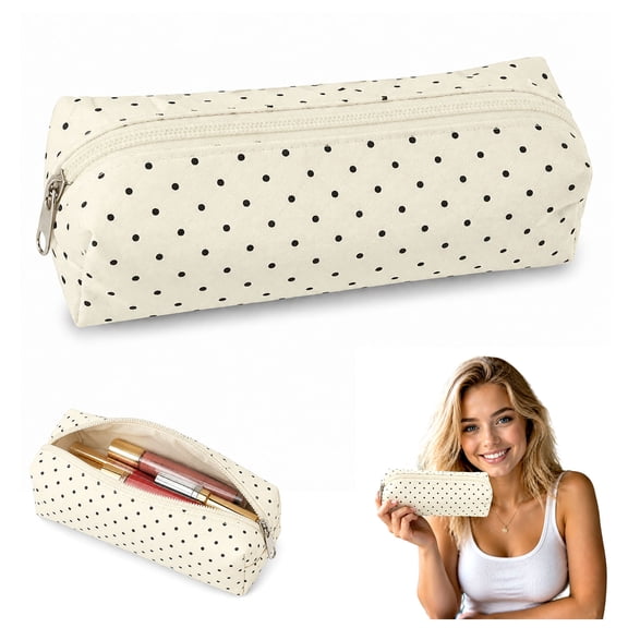 Cute Polka Dot Pencil Case,Canvas Zipper Pouch,Large Capacity Pencil Case,Portable Travel Cosmetic Bag,for Stationery Supplies & Daily Use