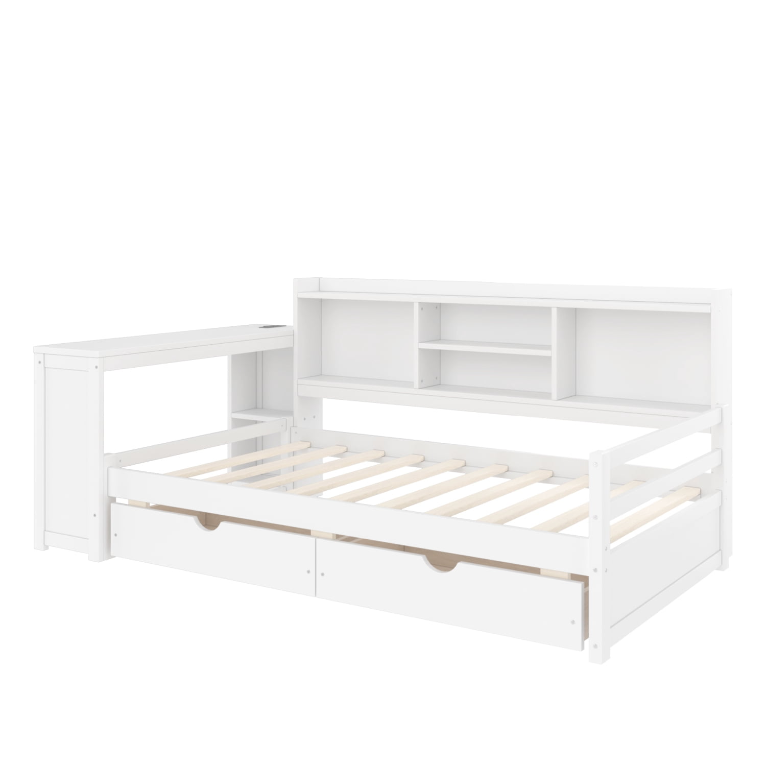 Leumius Twin Size Corner Bed with Desk and Storage Bookcase,Modern Daybed with 2 Drawers,Twin Size Wood Bed Frame with Charging Station,White