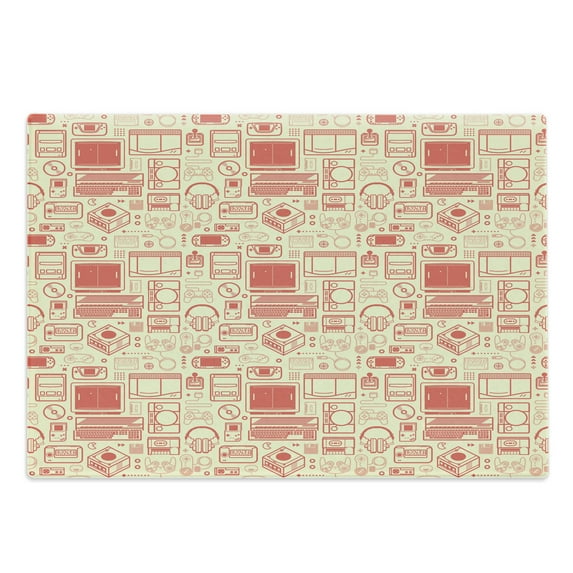 Old School Cutting Board, Nostalgic Bicolour Continuous Pattern Retro Gaming Objects Print, Decorative Tempered Glass Cutting and Serving Board, in 3 Sizes, by Ambesonne