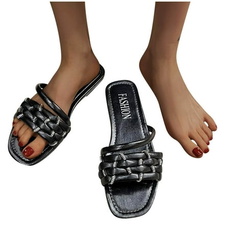 

TUOBARR Flat Slippers for Women Women s Summer Casual Comfortable Slippers Fashion Rhinestone Decoration Beach Flat Slippers Black