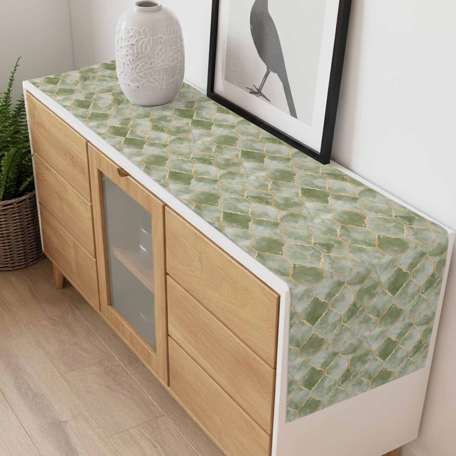 Sage Green Morocco Table Runner 13x108 inch Abstract Marble Solid Color Gold Cotton Linen Dining Table Runner Ideal for Dresser Kitchen Coffee Tables - Machine Washable