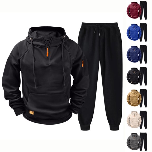 Zimjoy Hoodie Sweatpants Set Men, 1/4 Zip Hooded Sweatshirt with Arm Zipper Pocket & Black Drawstring Tapered Pants, Casual Tactical Athletic Sweatsuit for Outdoor Gym Daily Wear Black S
