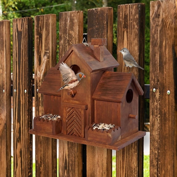 Bird Houses for Outside with Bird Feeder, Outdoor 3 Hole Bird House Room for 3 Bird Families Bluebird Finch Cardinals Hanging Birdhouse for Garden (Style 12)$$Garden & Patio