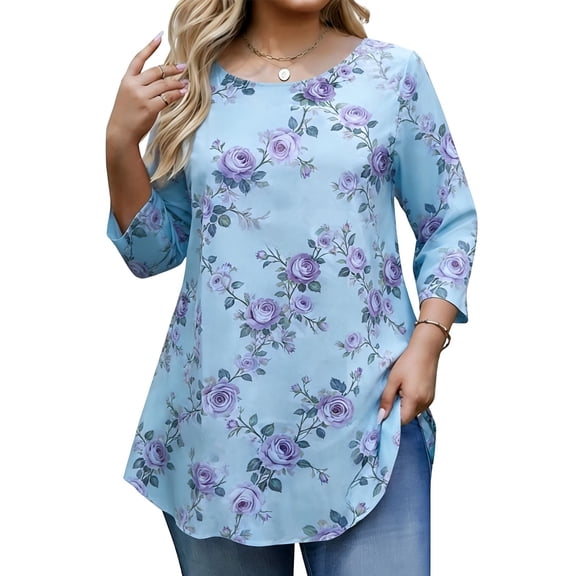 Cilsoka Fashion Blouses for Women Dressy, 3/4 Sleeve Tops for Women Crew Neck Casual Petite Shirts Three Quarter Sleeve Spring Tee, Graphic Trendy Tees