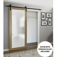thumbnail image 3 of Sturdy Barn Door Frosted Tempered Glass | Planum 2102 Honey Ash | 6.6FT Black Rail Hangers Heavy Hardware Set | Modern Solid Panel Interior Doors -32" x 84"-Black Rail, 3 of 6