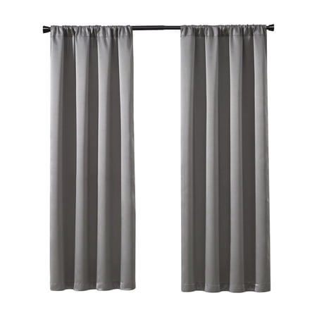 STYLE U 3-PIECE TENSION ROD AND GREY SOLID ROD POCKET ROOM DARKENING INDOOR CURTAIN SET