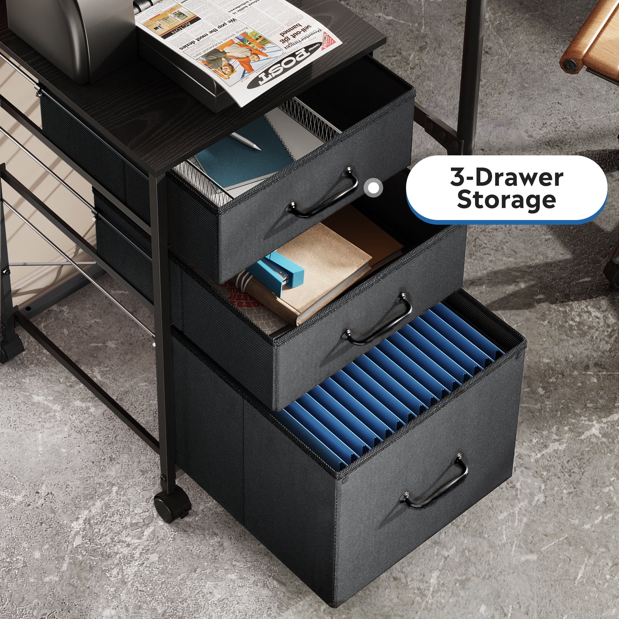 GALAXHERO File Cabinet with 3 Drawer, Rolling Filing Cabinets for Home Office, Fabric Vertical Printer Stand, Fits A4 or Letter Size, Black