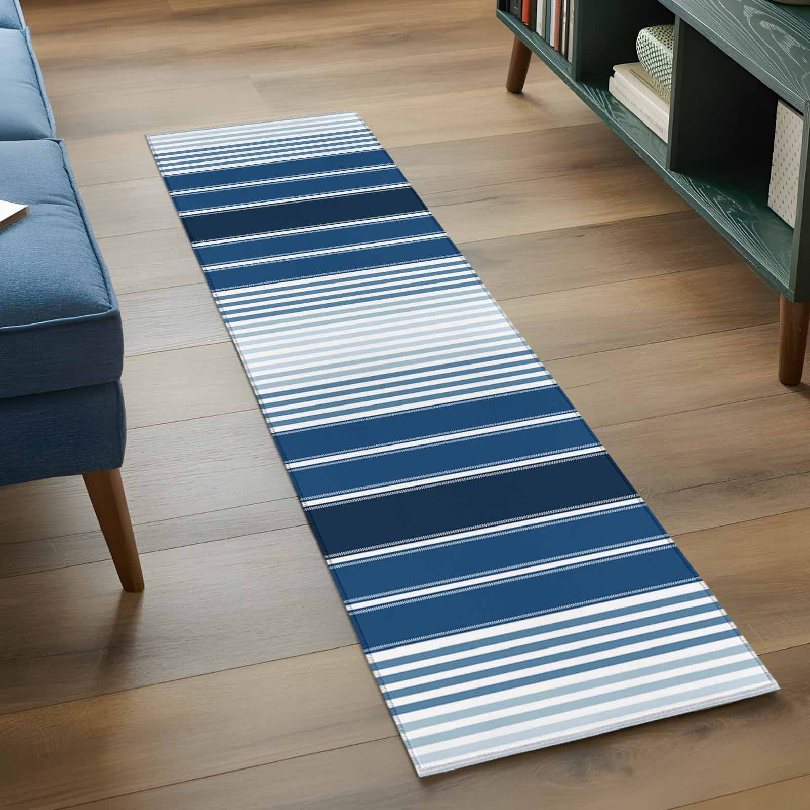 Navy Blue Stripe Area Rugs 2x6 for Kitchen Runner Rug, Modern Blue Ombre Vertical Striped Non Slip Washable Rug Runner, Low Pile Indoor Floor Carpet Mat Bathroom Rugs for Bedroom, Kids Room