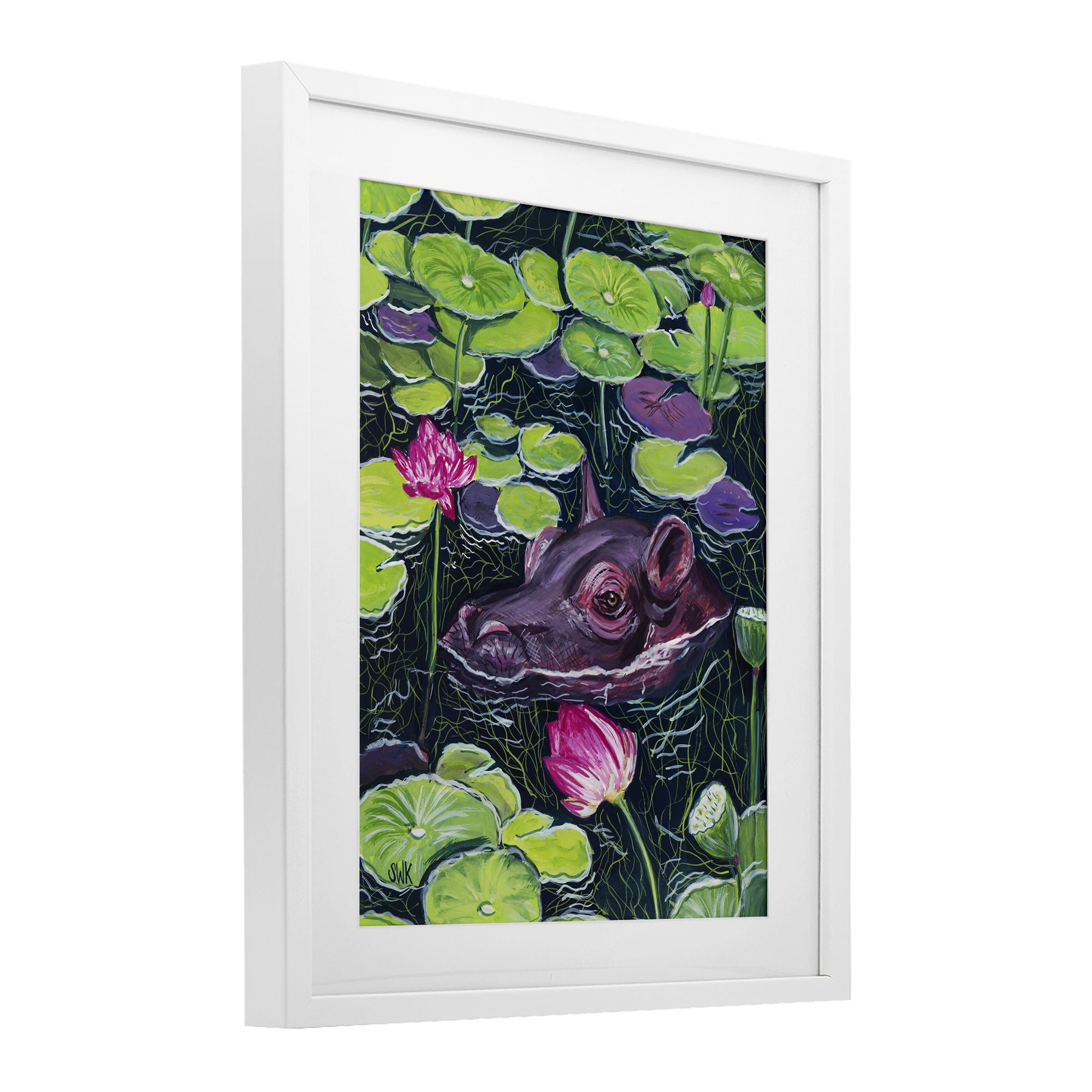 Stupell Industries Hippo & Blossoms Pond White Framed Print Under Glass, design by Sarah Waldron Kimball