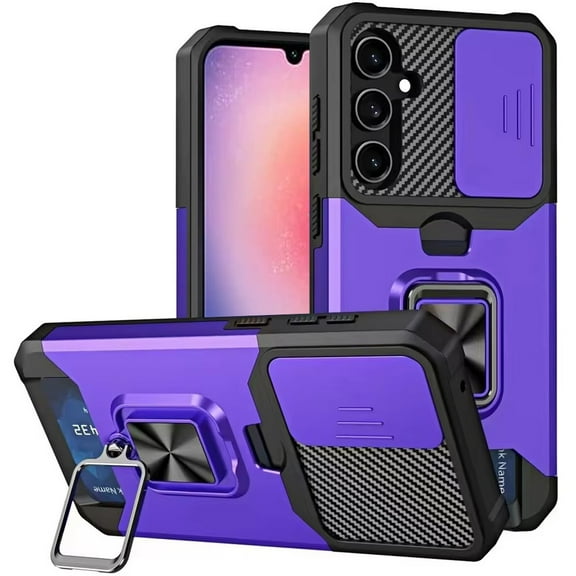 For Samsung Galaxy A26 Wallet Case with Ring Stand & Slide Camera Cover Back Credit Card Slot Holder, Military Grade Cover, XPM Phone Case [Purple]
