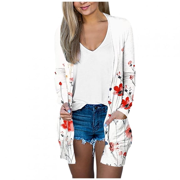 Uootdi Women's Floral Print Cardigan Open Front Long Sleeve Knitwear Casual Loose Fit Outerwear Lightweight Spring Fashion White Women Top