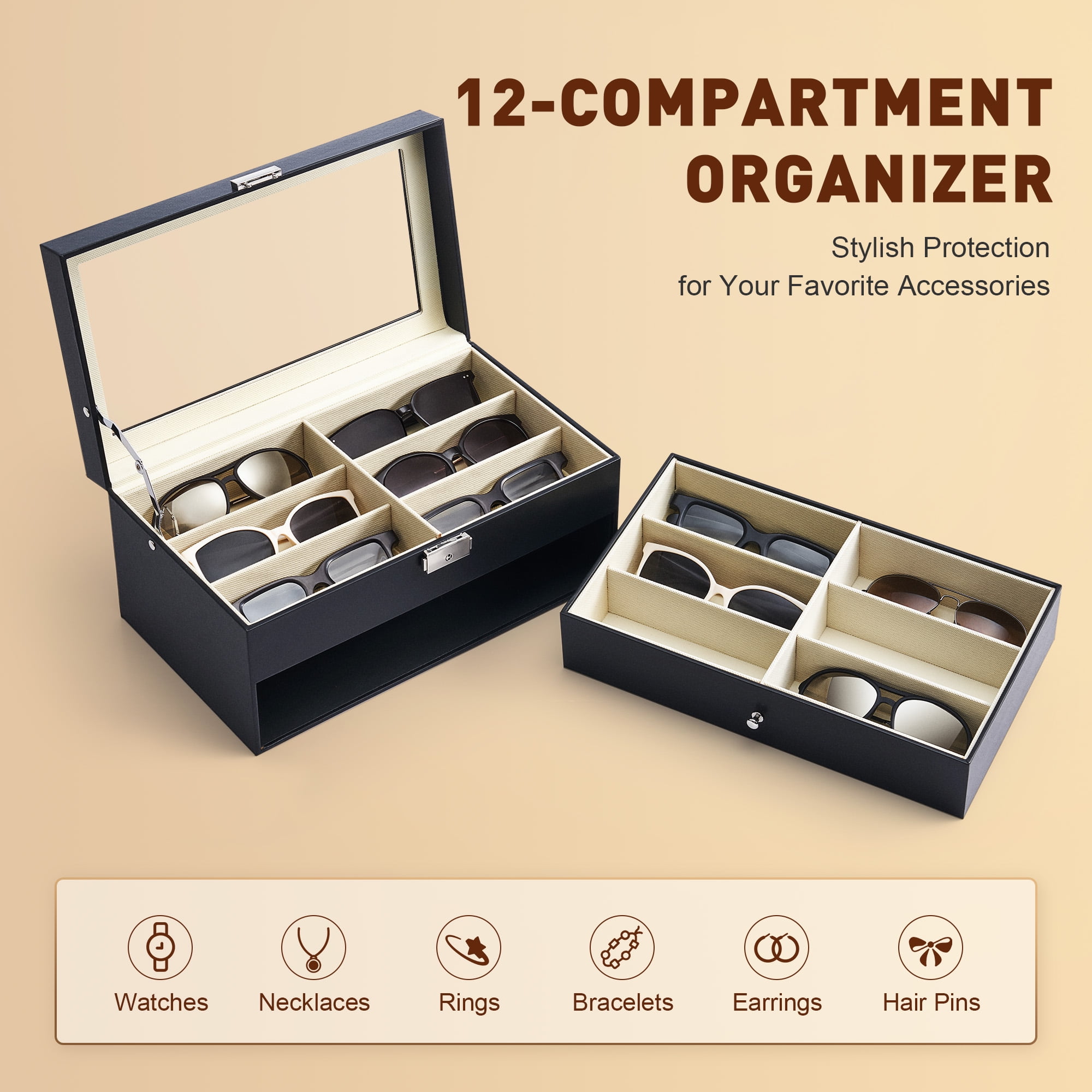 Preenex Leather Sunglasses Organizer Eyeglasses Eyewear Display Case Sunglass Glasses Storage Holder Box Sunglasses Collection Case with 12Slots Black