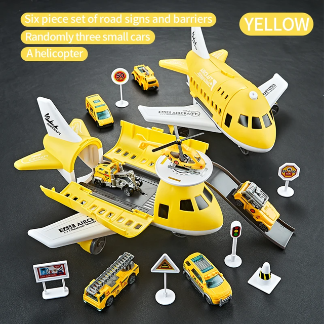 Children's Airplane Car Model Toys Inertial Model Simulation Planes Multifunctional Toys,Random 3 Cars,1 Helicopter,6 Road Signs Yellow