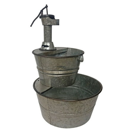 Half Barrel Fountain - Metal Galvanized Two Tier Metal Barrel Pump Fountain
