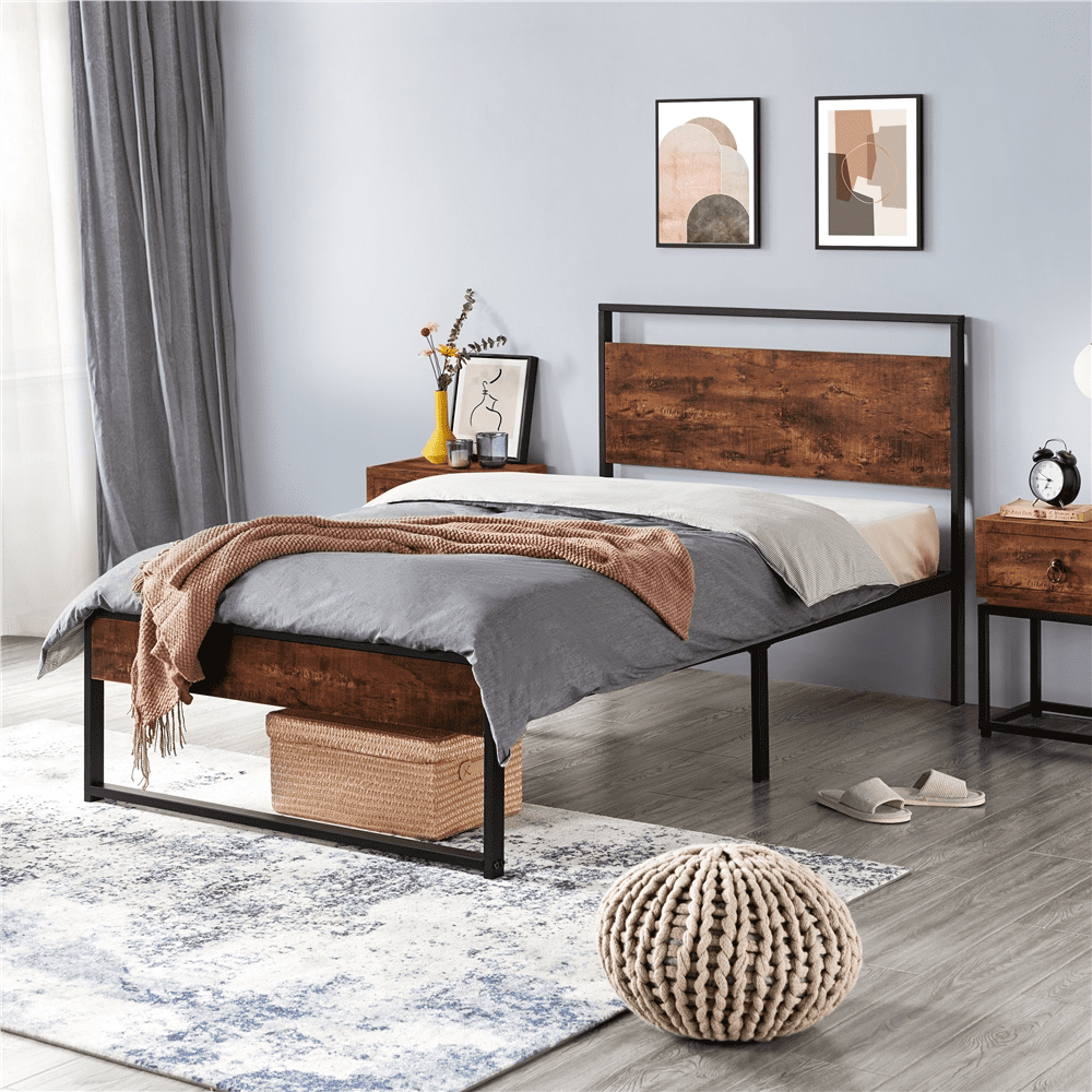 Yaheetech Rustic Metal Platform Bed with Wooden Headboard and Footboard ...