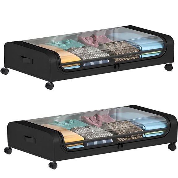 Under Bed Storage with Wheels and lid,Under Bed Rolling Storage with XXL Large Capacity,under the bed storage Organizer with Clear Lids,Rolling Drawers,Bins for Clothes,Shoes,Toys, 2Pack