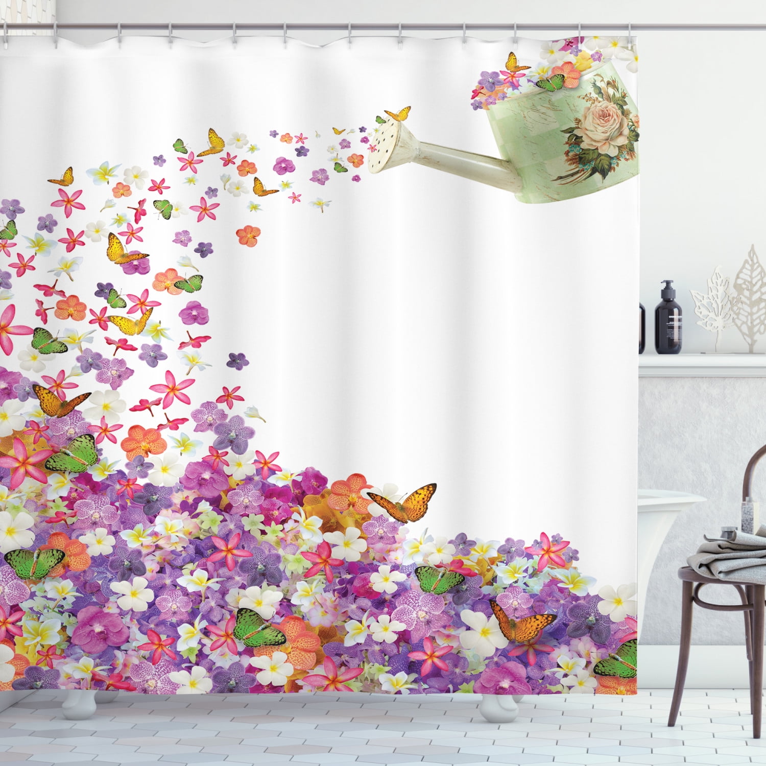 Pink Flowers Shower Curtain Butterflies Spa Home Spring Theme Zen Floral House 