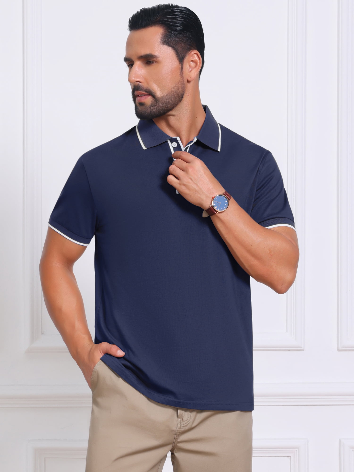 DARING DIVA Men's Contrast Trim Short Sleeve Button Closure Polo Shirts S Navy Blue