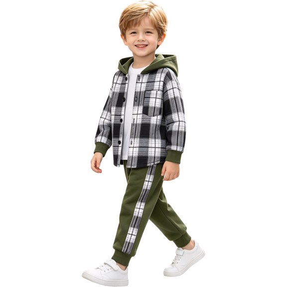 2Pcs Boys Clothes Sweatsuit Set Hoodie Plaid Shirt and Jogger Pants for Kids Fall Winter Spring Outfits 3-7T