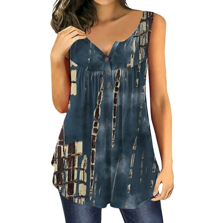 

Women Summer Tops Casual Button Pleated Crewneck Printed Sleeveless Tunic T-Shirt Loose Blouse Tee Corset Tops For Women Multi-color S