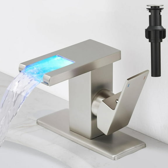LED Waterfall Bathroom Faucet Brushed Nickel, Single Handle Bathroom Sink Faucet 1 Hole, 3 Colors Light Changing, with Pop-up Drain and cUPC Supply Lines, Stainless Steel
