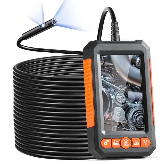 VEVOR Endoscope Camera with Lights featuring dual lenses and a 49.2FT semi-rigid cable, shown with its 4.3-inch IPS screen displaying a clear engine inspection image. The camera includes 8+1 adjustable LED lights for enhanced visibility in dark spaces and an 8mm slim IP67 waterproof lens for accessing tight areas. Ideal for automotive diagnostics, sewer inspections, and HVAC duct checks.