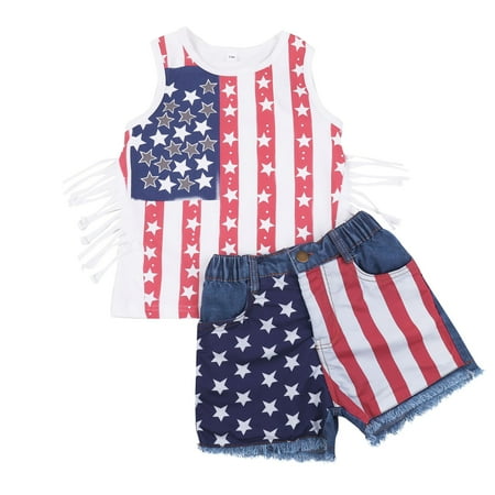 

Outfits for Girls independence Day Short Sleeve Tassel Vest Denim Shorts Shorts Summer Casual Kids formal Suits for Boys