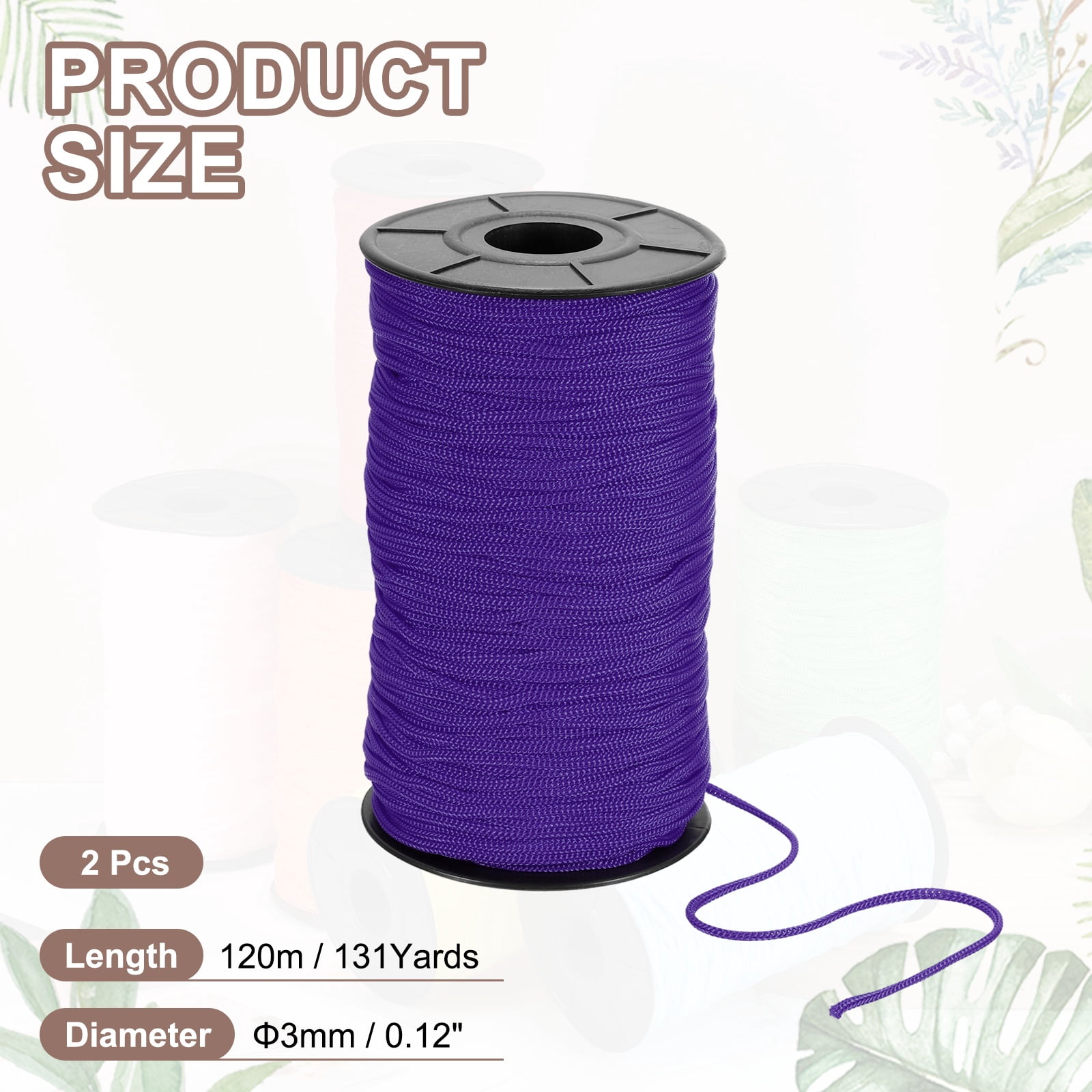 Uxcell 2 Pcs Polyester Macrame Cord, 3mm x 131 Yards Polypropylene Crochet Braided Rope Macrame Yarn for Wall Hangings Bag Craft Knitting, Purple