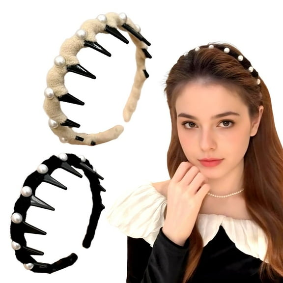 2 Pack U Shape Fashion Tooth Hair Comb Headband, Zig Zag High Cranium Headbands for Women, Reverse Hair Bands with Teeth for Women Girls (Black & Beige, Pearl Hairband)