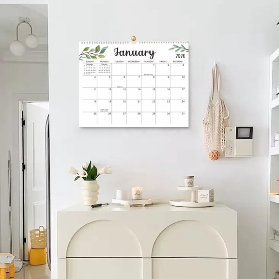 1Pc English Wall Calendar,Leaf Pattern Spiral Hanging Calendar for Home Office Planning(January 2026–June 2027),by JASKFLY