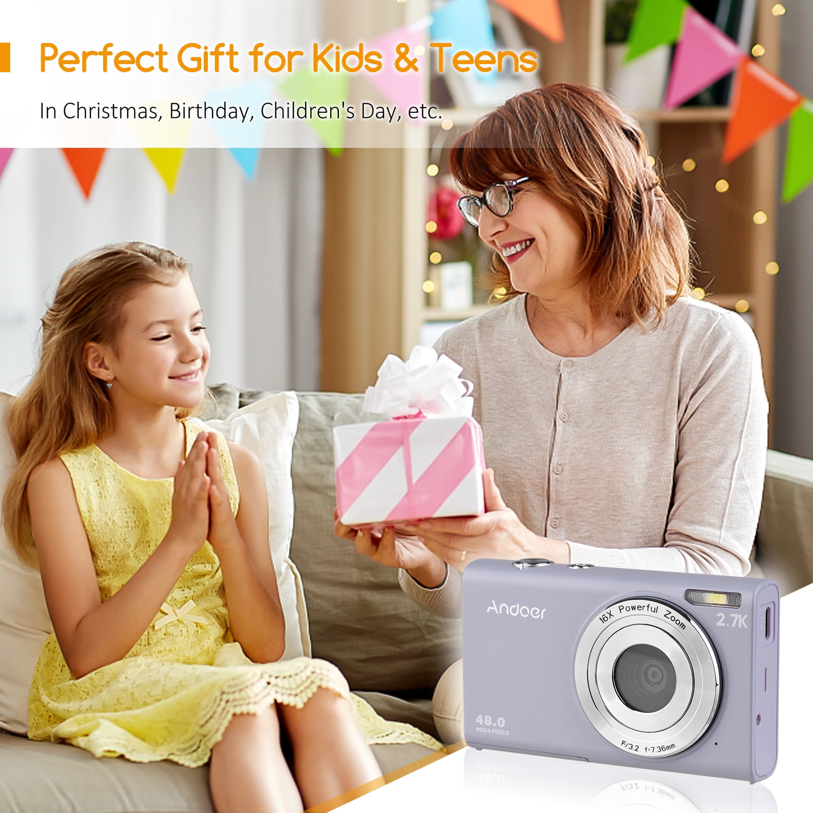 Andoer 2.7K Digital Camera Compact Video Camcorder 48MP Auto Focus 2.88 Inch IPS Screen 16X Zoom Anti-shake Face Detact Smile Capture Built-in LED Fill Light