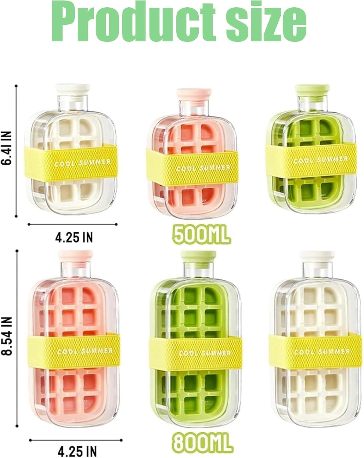 Ice Bottle Cup, 2 in 1 Zero Touch Press Ice Cube Mold Water Bottle with Lid and Bin, Ice Cube Bottle, Easy Press to Release Vertical Ice Cube Tray with Lid for Freezer (Pink, 500ML)