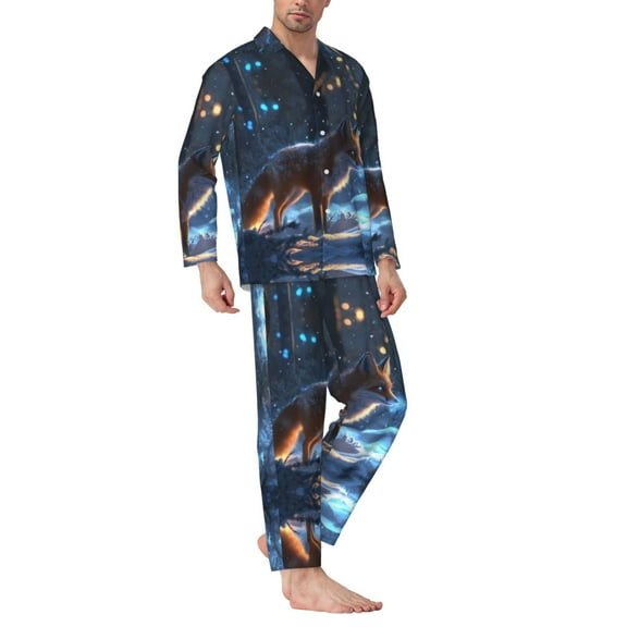 Mens Pajamas Set - Glowing Winter Arctic Fox A Comfy Long Sleeve Button Up Pajama Sets for Men 2 Piece, Soft Sleepwear Nightwear Pjs Lounge Sets for Men with Pockets