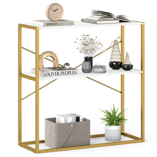 Costway 36” Console Table with Wooden Textured Open Shelves & Metal Frame for Hallway White