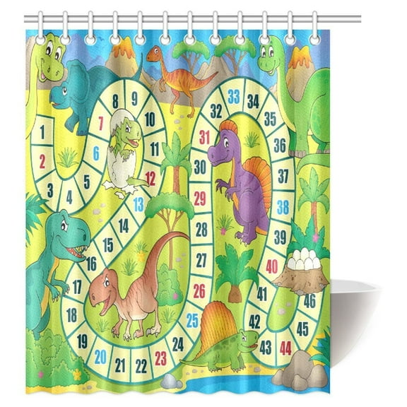 MYPOP Board Game Decor Collection, School Kids Playing in Garden Educational Games Dinosaur Cartoon Dino Animal Library Toys Icons Print Bathroom Shower Curtain, 60 X 72 Inches