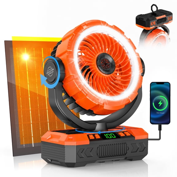 Rechargeable Solar Fan, Solar Camping Fan with LED Lantern, Portable Fan with Solar Panel, Battery Operated Powered Outdoor Tent Fans for Picnic, Barbecue, Fishing, Travel