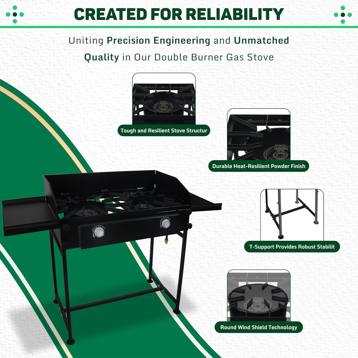 SONRET - Double Burner Propane Outdoor Gas Stove - with Dual Side Shelf & Wind Panel